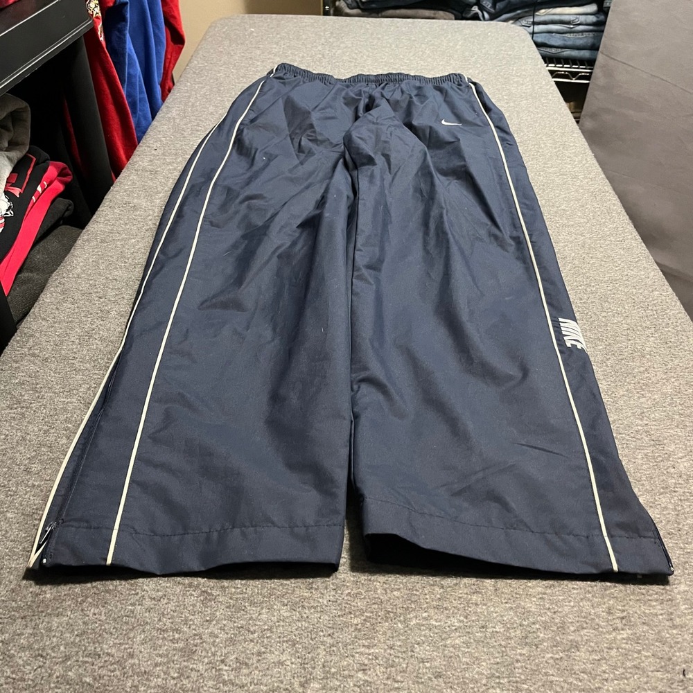 Vintage Nike 90s Baggy Windbreaker Track Pants Navy Blue White Piping Mens Large